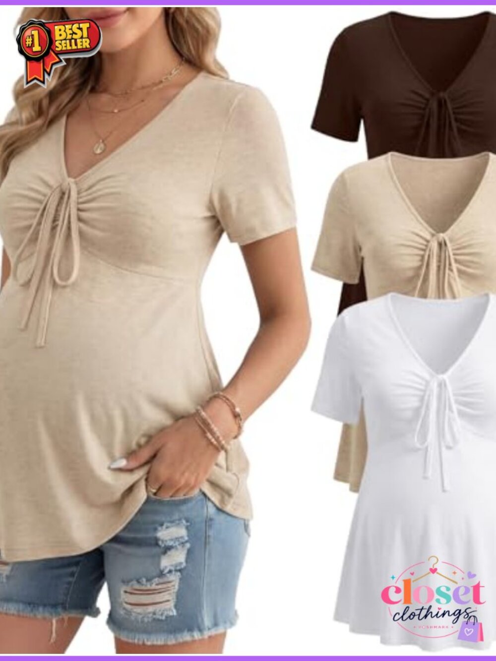 Maternity Shirts 3 Pack Short Sleeve V Neck Ruffle Babydoll Tunic